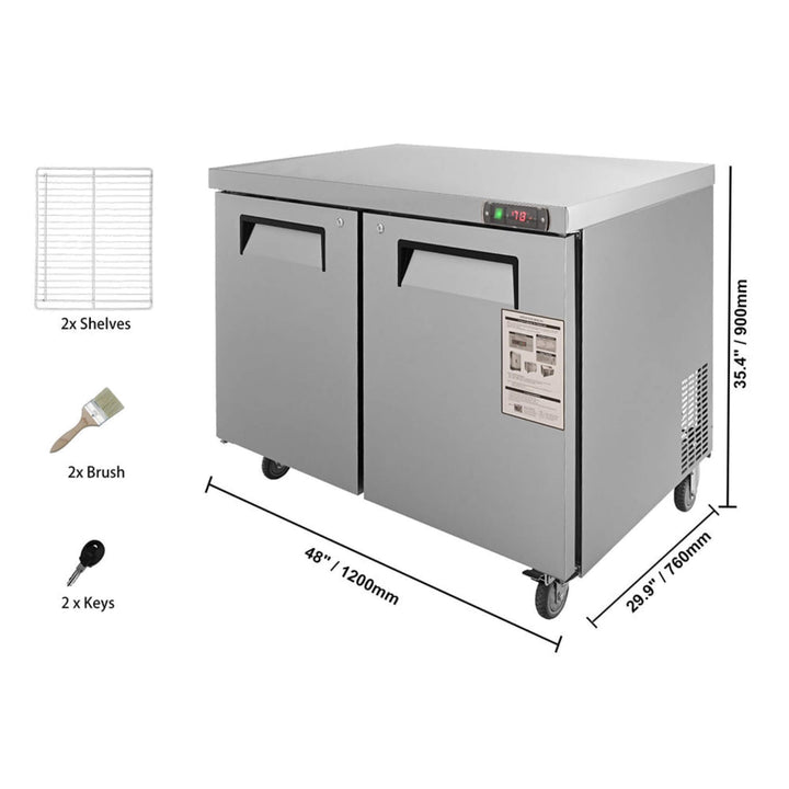 12.9 Cu.Ft 2-Door Commercial Stainless Steel Worktop Undercounter Refrigerator, 48"