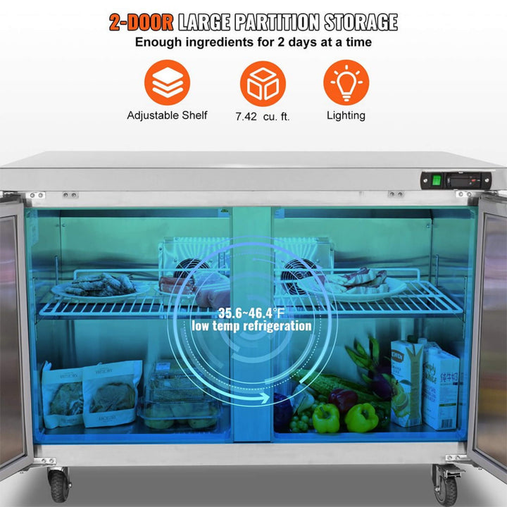 12.9 Cu.Ft 2-Door Commercial Stainless Steel Worktop Undercounter Refrigerator, 48"