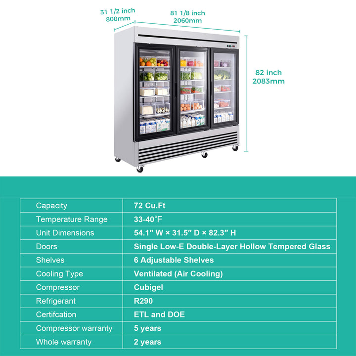 72 Cu.Ft Triple-Door Stainless Steel Commercial Reach-In Display Refrigerator