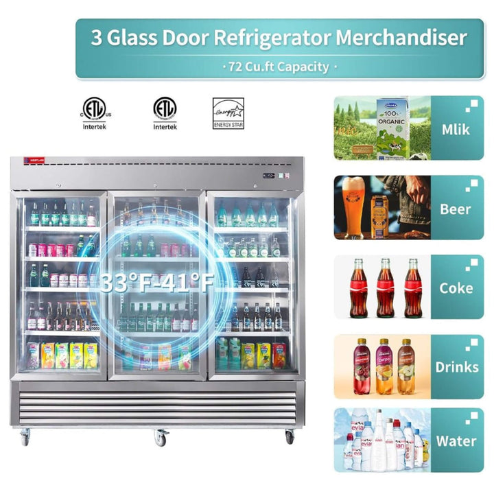 82" Commercial Stainless Steel Upright Display 3 Section Merchandiser Refrigerator