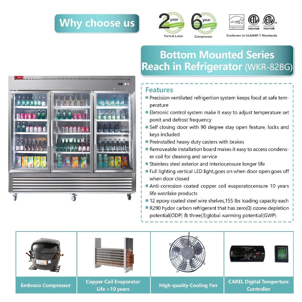 82" Commercial Stainless Steel Upright Display 3 Section Merchandiser Refrigerator