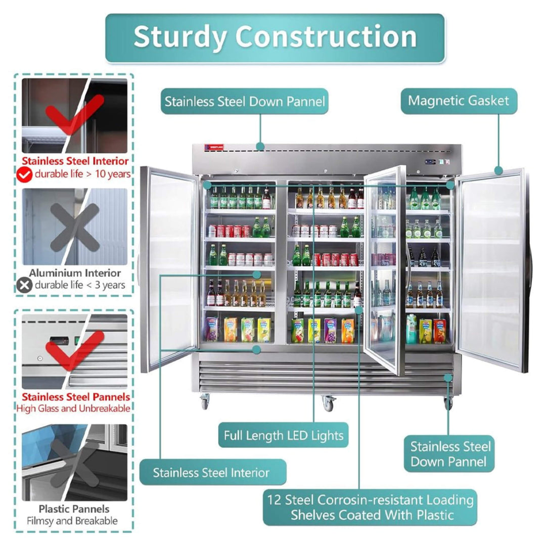 82" Commercial Stainless Steel Upright Display 3 Section Merchandiser Refrigerator