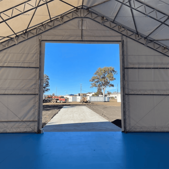W 70FT x L 120FT x H 28FT Double Truss Storage Shelter