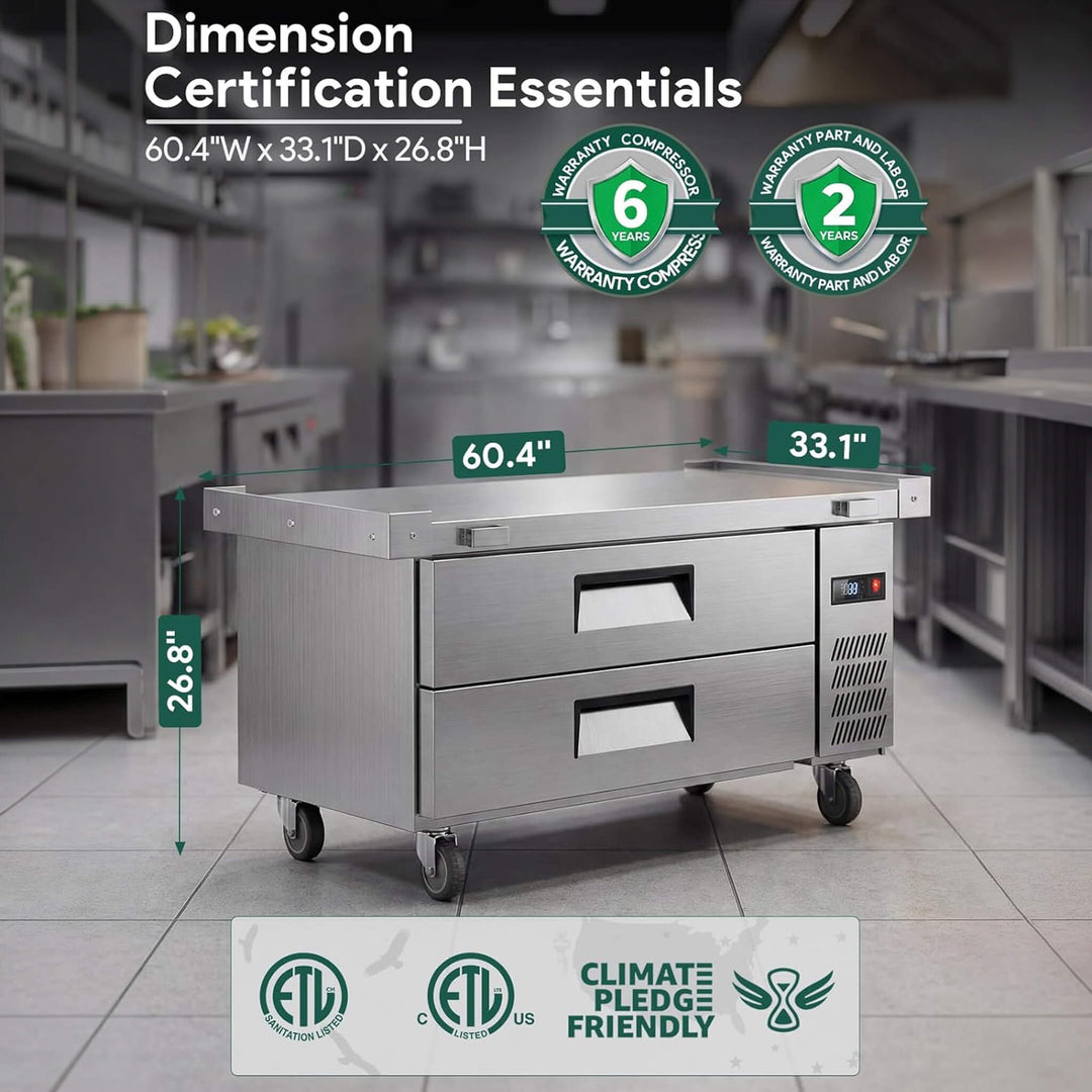 Commercial Double Drawer Undercounter Worktop Fridge with Chef Base and Wheels
