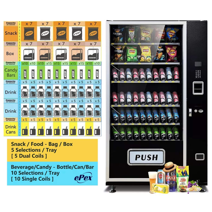 Epx Extra Large 6FT Snacks And Drinks Combo Vending Machine With Dual Zone Refrigeration And Bill Acceptor