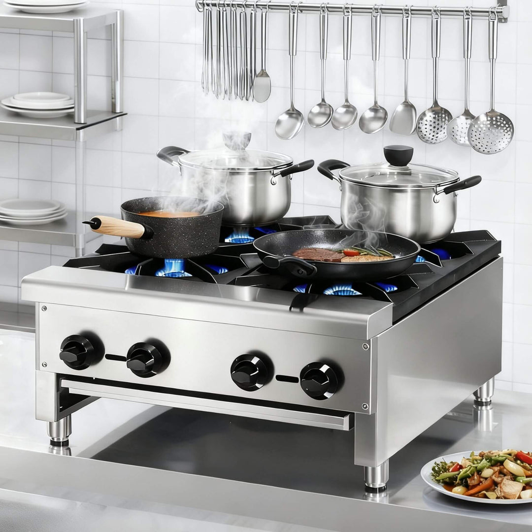 Heavy-Duty Commercial 112K BTU 4-Burner Stainless Steel Gas Stove Hot Plate