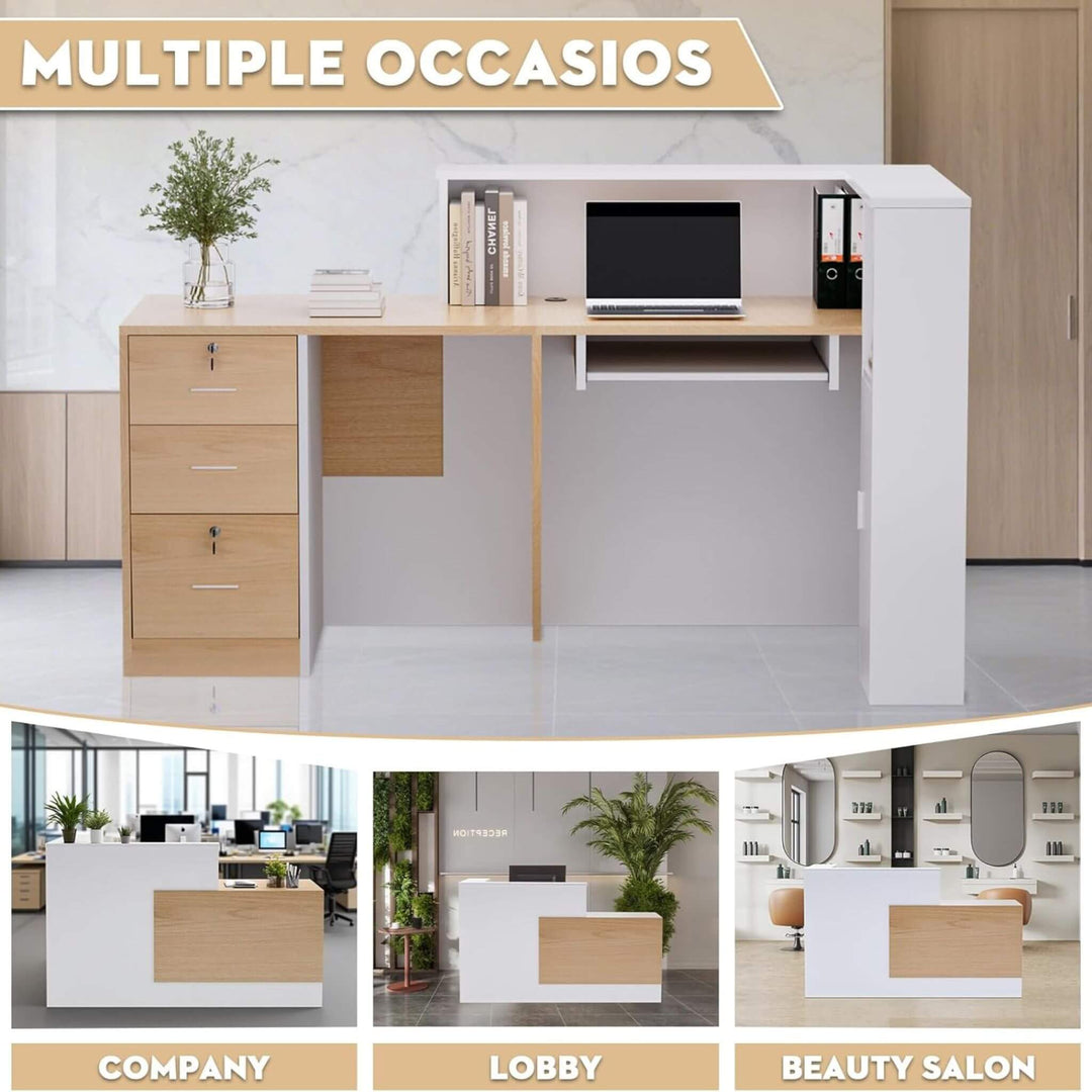 Velmor L-Shaped Modern Brown and White Reception Desk with Lockable Drawers