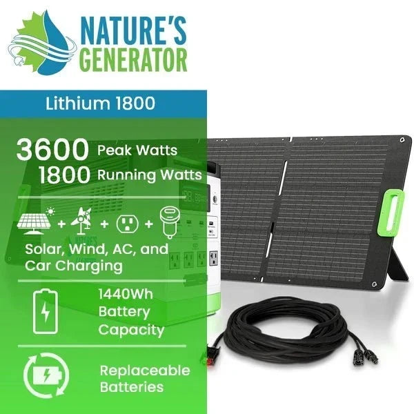 Natures Generator Lithium 1800 Solar Generator + 200W Folding Solar Panel