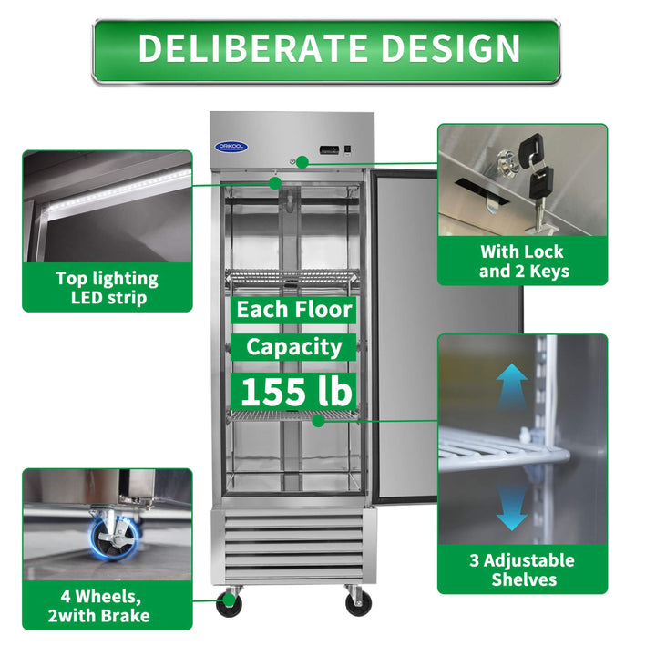 Orikool 27 Inch Commercial 23 Cu.Ft Reach-In Stainless Steel Freezer