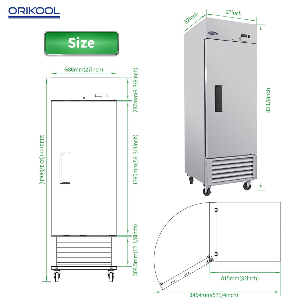 Orikool 27 Inch Commercial 23 Cu.Ft Reach-In Stainless Steel Freezer