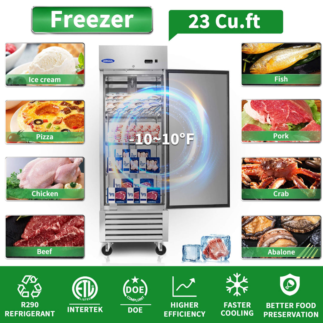 Orikool 27 Inch Commercial 23 Cu.Ft Reach-In Stainless Steel Freezer