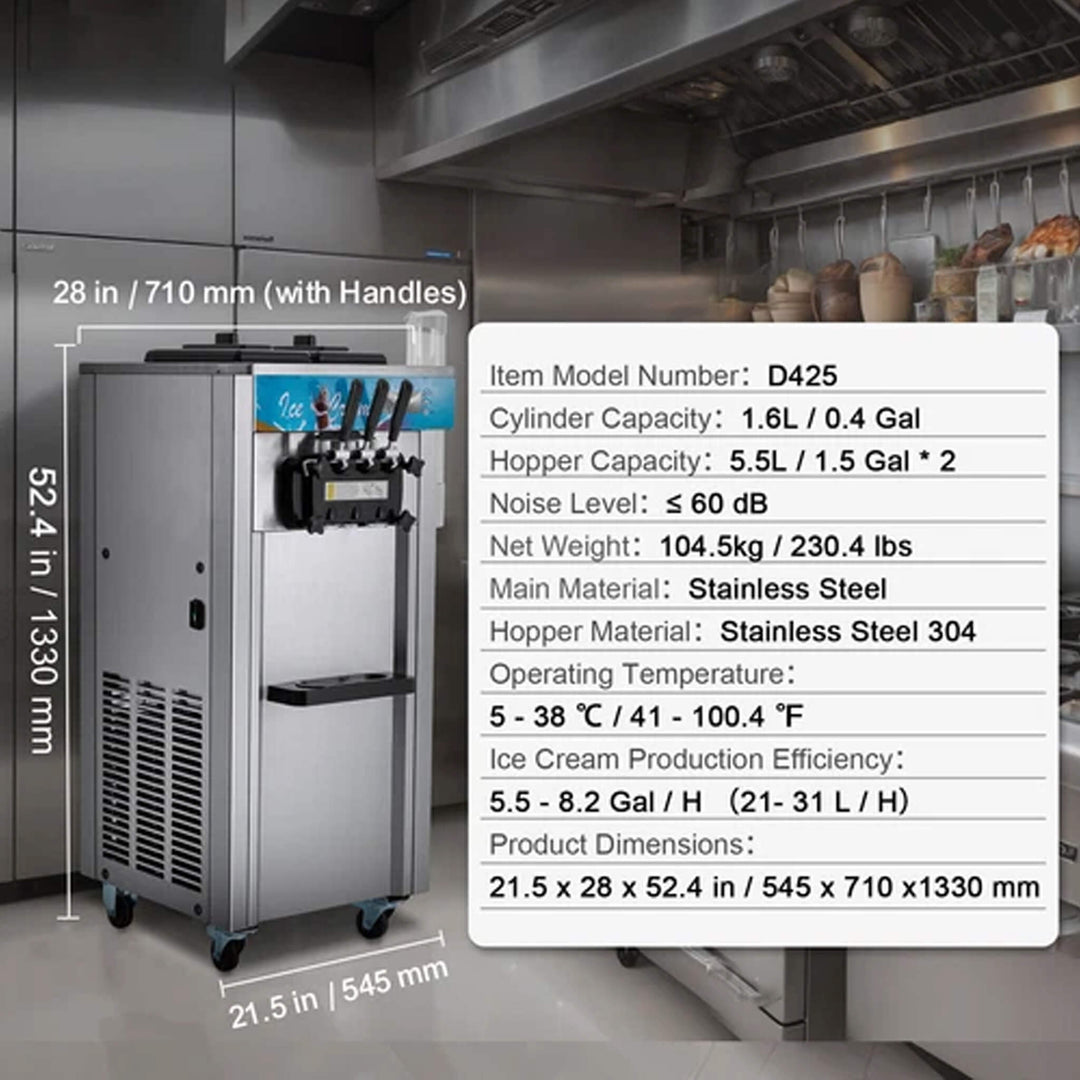 Stainless Steel Commercial 3-Flavor Soft Serve Ice Cream Machine Maker 21-31 L/H